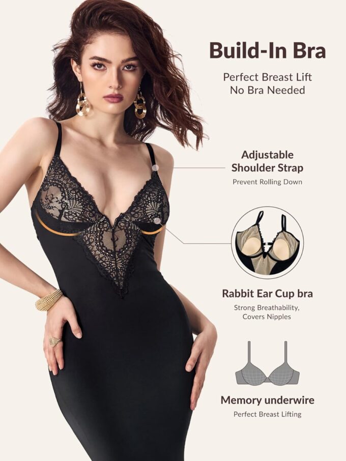 Women's Summer Built-in Bra and Shapewear Bodycon Sexy Maxi Dress with Lace Deep V-Neck and Spaghetti Straps – Bild 4