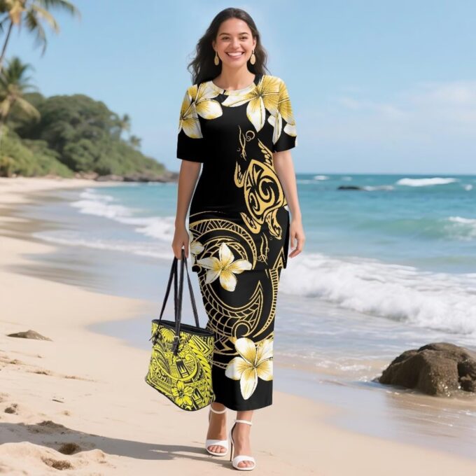 Puletasi Samoan Traditional 2 Piece Outfits for Women Short Sleeve Crop Top and Maxi Skirt Sets Puletasi Dress – Bild 3