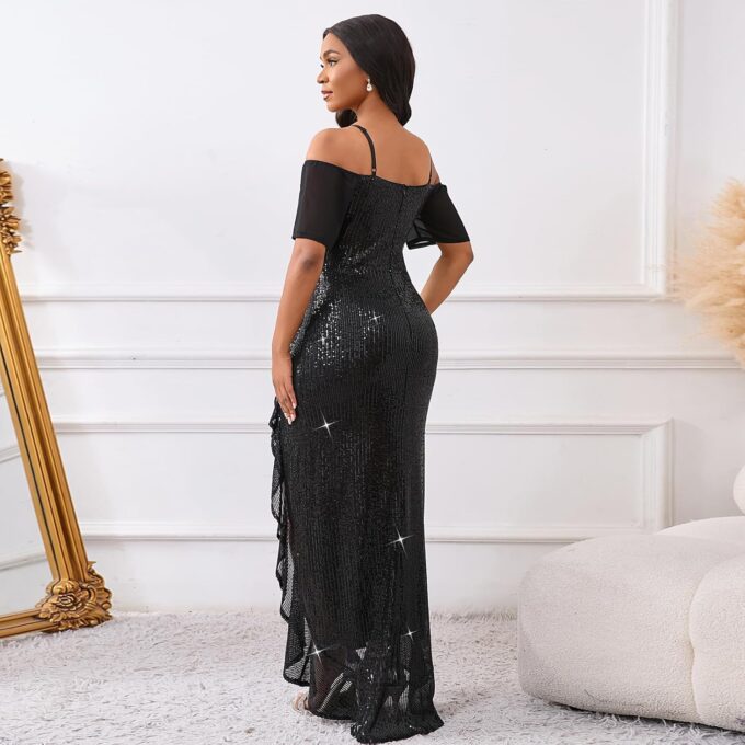 Women Sexy Off Shoulder Bodycon Ruffle Split Hem Maxi Cocktail Party Evvening Night Out Dress Black – Bild 2