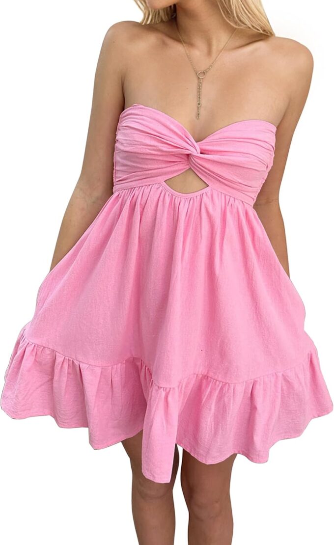 Meladyan Women’s Twist Knot Bandeau Tube Dress Solid Strapless Backless Mini Dresses Summer Hollow Ruffle Beach Dress