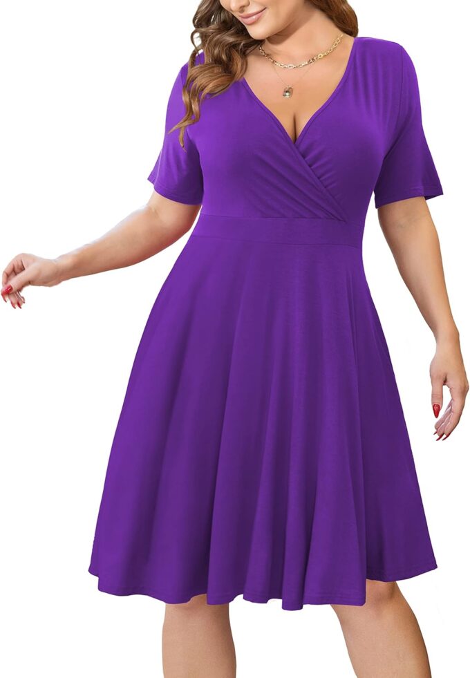 Ahlaray Womens Plus Size Dresses Short Sleeve Faux Wrap Causal Swing Dress with Pockets, L-4XL