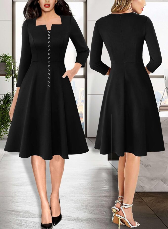 VFSHOW Damen Kleid mit quadratischem Ausschnitt, Kerben, Knöpfe, Businesskleidung, Arbeit, Büro, Taschen, schmale Passform und ausgestelltes A-Linien-Kleid – Bild 2