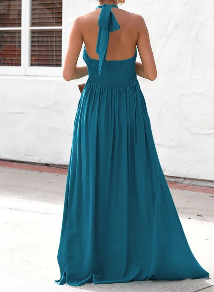 Maxi Chiffon Dresses for Women 2025 Sexy Halter V Neck Backless Smocked High Waisted A Line Beach Vacation Sundress – Bild 2