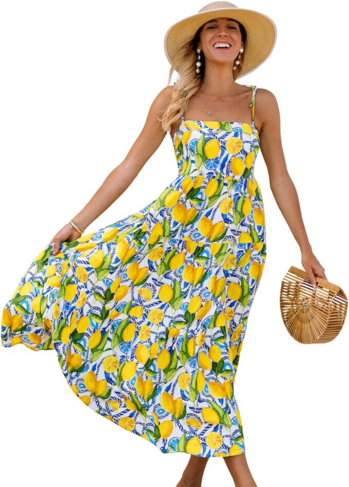 Women's Resort Dress, Organic Rayon Maxi Dress, Smocked Back, Adjustable Tie Straps, and Flowy Tiered Bottom