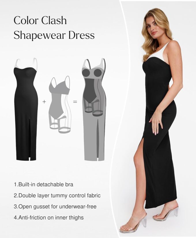 Popilush Summer Maxi Dress for Women - Shapewear Formal Cocktail Party Long Dresses Contrast Trim V Neck Bodycon Dress – Bild 3