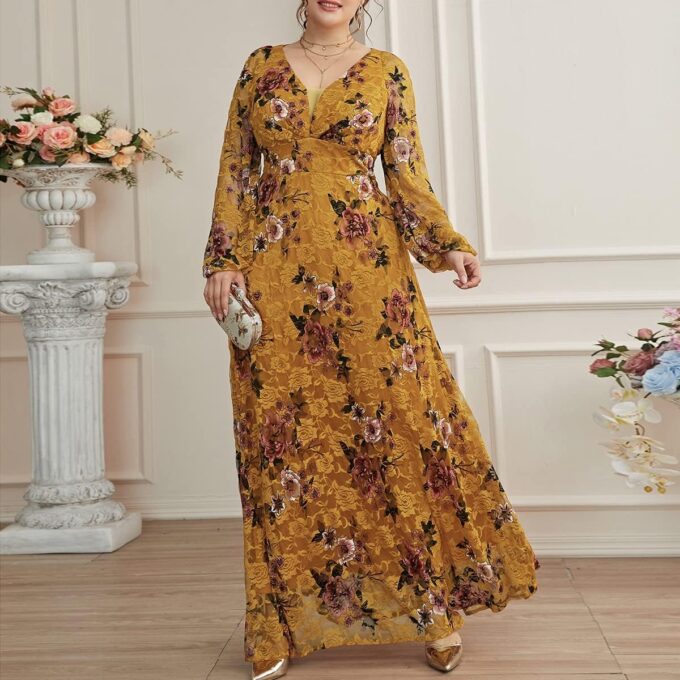 TOLEEN Women's Plus Size Dress V Neck Rose Embroidery Mesh Elegant Formal Maxi Dresses – Bild 5