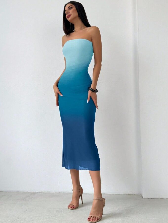 Women's Summer Dress Ombre Strapless Tube Gradient Bodycon Long Side Slit Mesh Layered – Bild 7