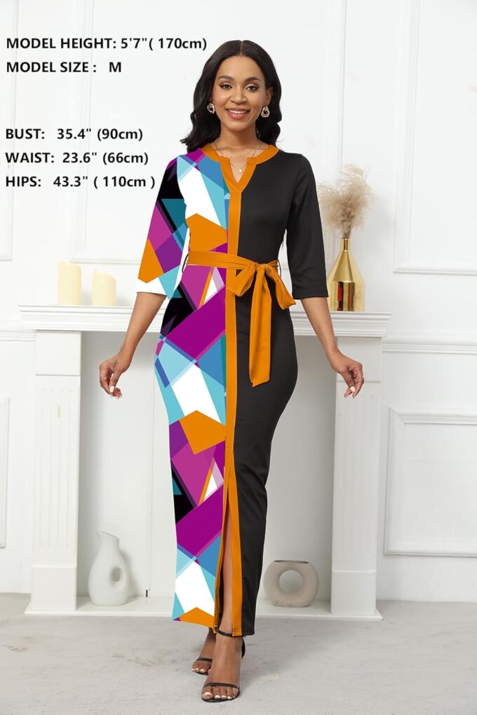 Damen V-Ausschnitt Split Bodycon Floral Maxi Bleistiftkleid Cocktail Party Büro Business 3/4 Ärmel Slim Print Kirchenkleider – Bild 3