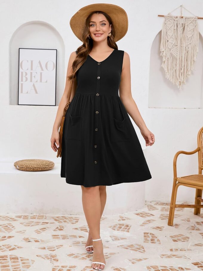 AusLook Plus Size Women Summer Dresses Sleeveless Casual Loose Swing Button Down Midi Dress with Pockets 1X-5X – Bild 4
