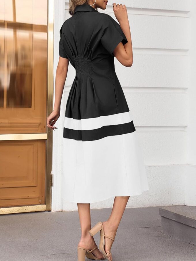 Wenrine Womens Summer Button Down Shirt Dress Casual Color Block V Neck Short Sleeve Corset Maxi Dresses – Bild 5