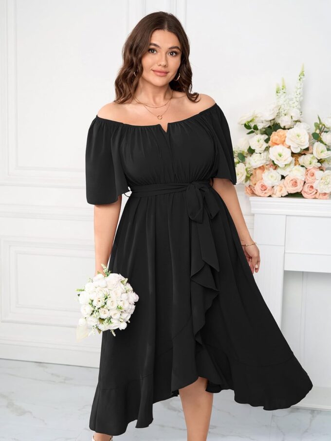 Womens Plus Size Cocktail Midi Dresses Short Sleeve Square Neck Flowy Formal Wedding Guest Dress Off The Shoulder – Bild 5