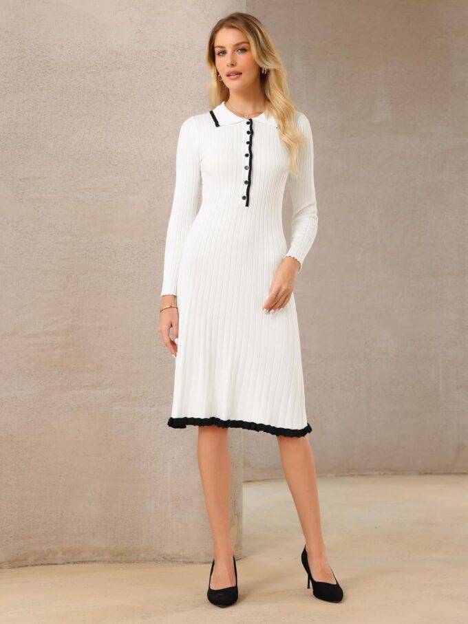 Hobemty Damen Midi Strickkleid Gerafft A-Linie Sweater Polokleider – Bild 2
