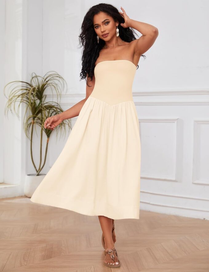 Livtany Women Off Shoulder Midi Dress Strapless Sleeveless Drop-Waist A Line Tube Dress Trendy Summer Swing Patchwork Dress – Bild 2