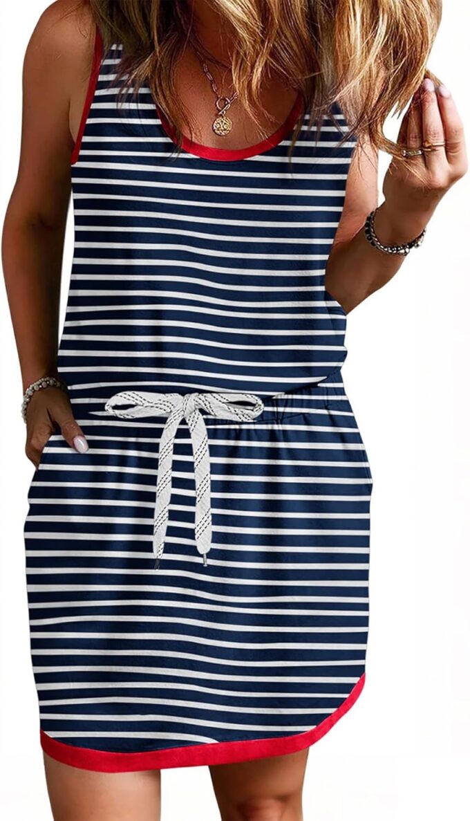Yousify Cotton Summer Dresses for Women Striped Dress Drawstring Waist Casual Tank Mini Dresses with Pockets – Bild 3