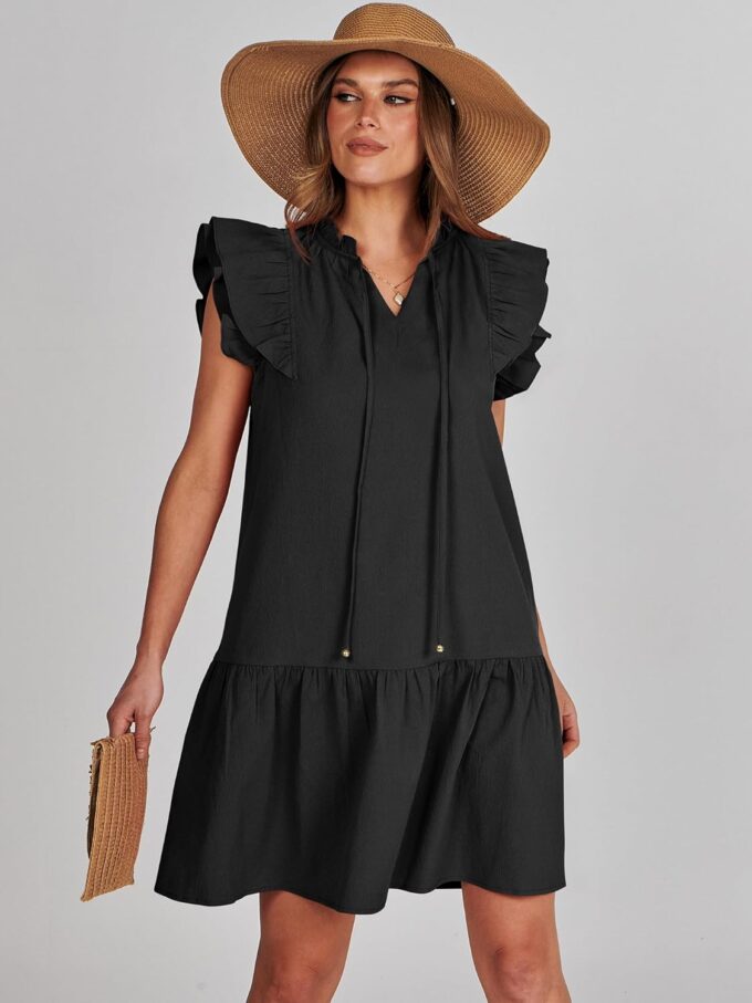 ANRABESS Womens Summer V-Neck Drawstring Ruffle Cap Short Sleeve Casual Shift Mini Dress with Pockets – Bild 3