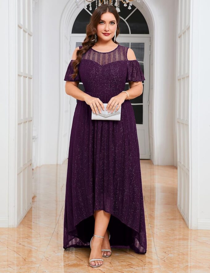 ZOMVA Plus Size Sparkly Mesh Maxi Dress Cold Shoulder Ruffle Sleeve High Low A Line Gown Wedding Guest Cocktail Party – Bild 4