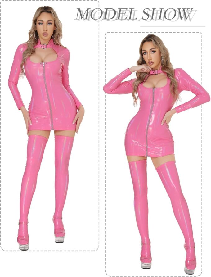 Women's Dress Patent Leather Bodycon Wet Look Long Sleeves Mini Dresses PU Shiny Zipper Club Pole Dance XS-L – Bild 5