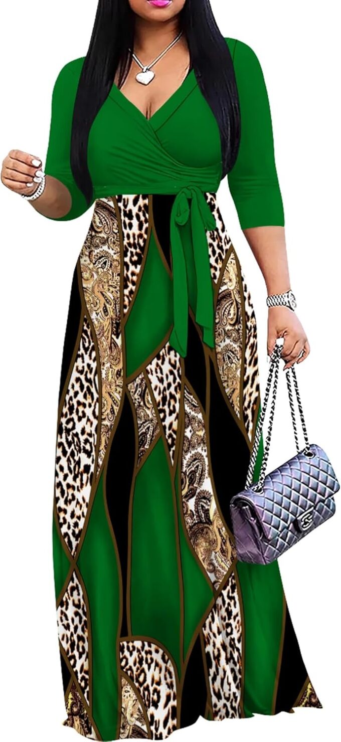 Plus Size Dresses for Women Print Maxi Dresses Flowy 3/4 Sleeve with Belt