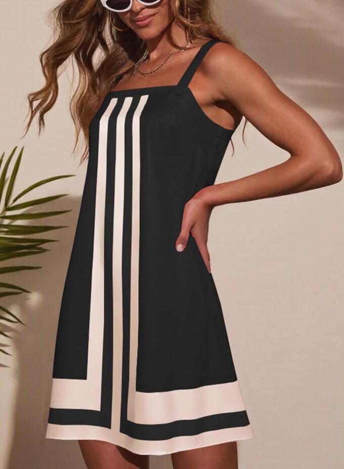 Women Summer Striped Mini Square Neck Color Block Beach Vacation Short Sun Dress – Bild 5