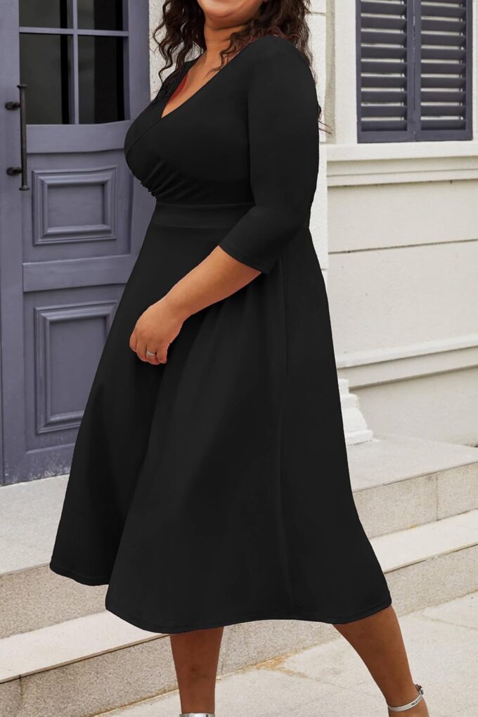 CLOCOR Women's Plus Size Midi Dress 3/4 Sleeve A-Line Swing Dress V Neck Flowy Casual Dresses – Bild 3