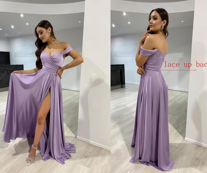 Women's Off The Shoulder Bridesmaid Dresses with Slit Satin Formal Gowns Long Prom Evening Party Dress with Pockets – Bild 3