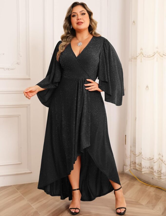 ZOMVA Plus Size 0X-4X Sparkly Glitter Formal Maxi A Line Dress Sparkle Wrap Handkerchief Sleeve Prom Cocktail Evening Gown – Bild 6