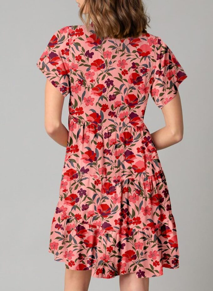 Dokotoo Womens Summer Casual Boho Floral Dresses V Neck Short Sleeve Sundresses Flowy Swing A-Line Mini Dress – Bild 3