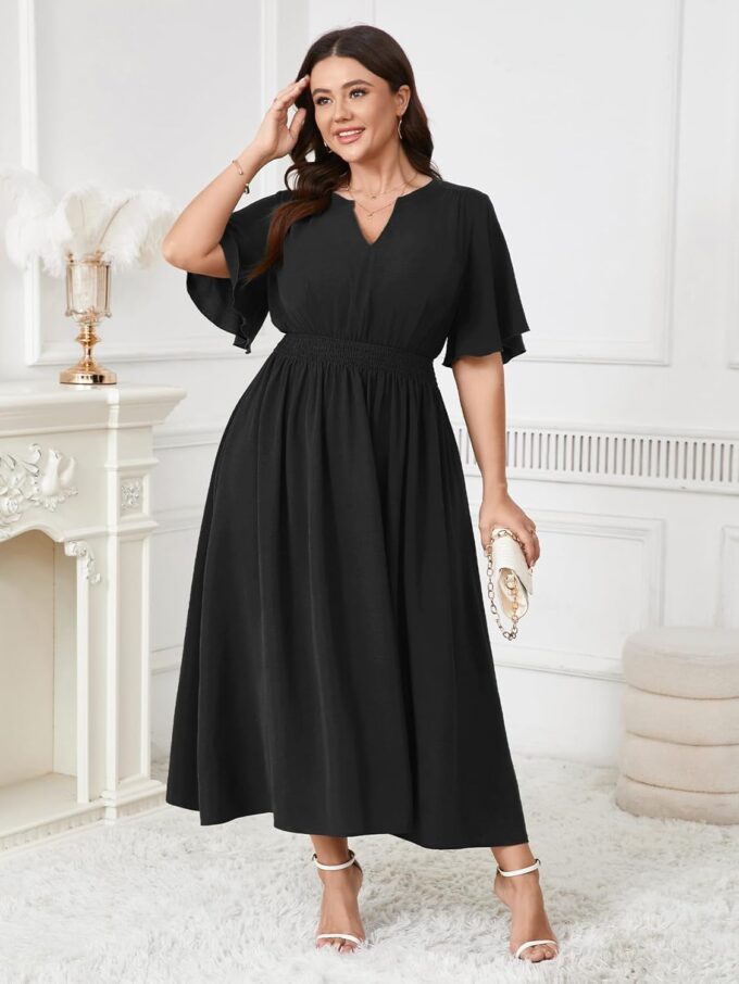 Women's Plus Size Dress for Women Wedding Guest Cocktail Smocked Ruffle Short Sleeve V Neck Flowy Maxi Dresses – Bild 6