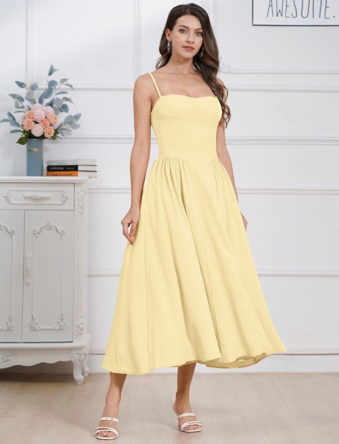 Women Floral Corset Dress Boho Spaghetti Strap Lace Up Casual Midi Dresses with Pockets Low Cut Flowy Bustier Sundress – Bild 4