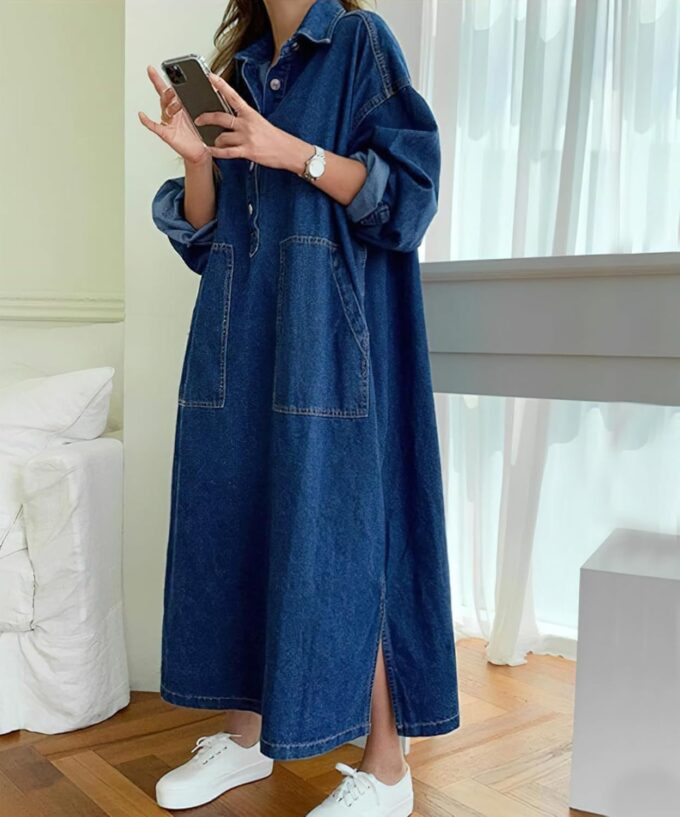 Womens Spring Fall Long Sleeve Denim Maxi Shirt Dress with Split – Bild 4