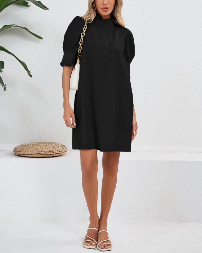 Women's Puff Short Sleeve Stand Ruffle Collar Summer Dress Casual A Line Shift Mini Dress with Pockets – Bild 2