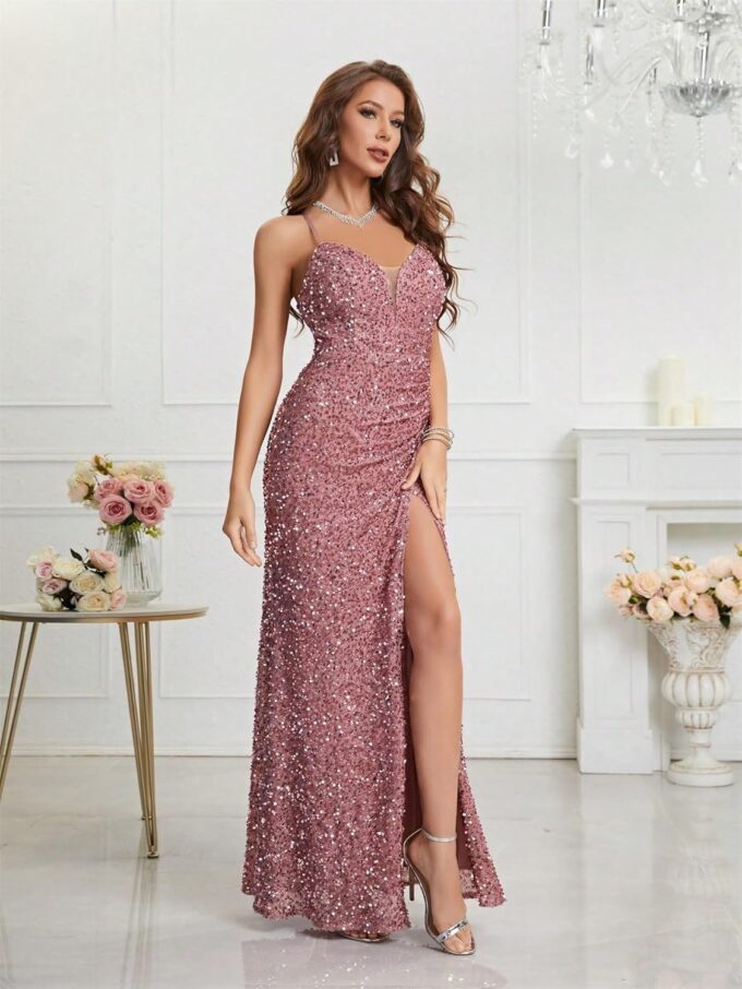 Sequin Dress for Women Prom Dress Sexy V-Neck Bodycon Sequin Gowns and Evening Dresses – Bild 3