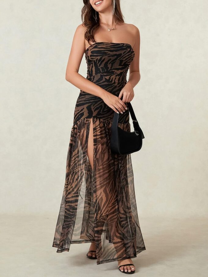 Women Strapless Tube Top Dress Summer Backless Leopard Print High Slit Long Dress Party Club Night Out Dress – Bild 4