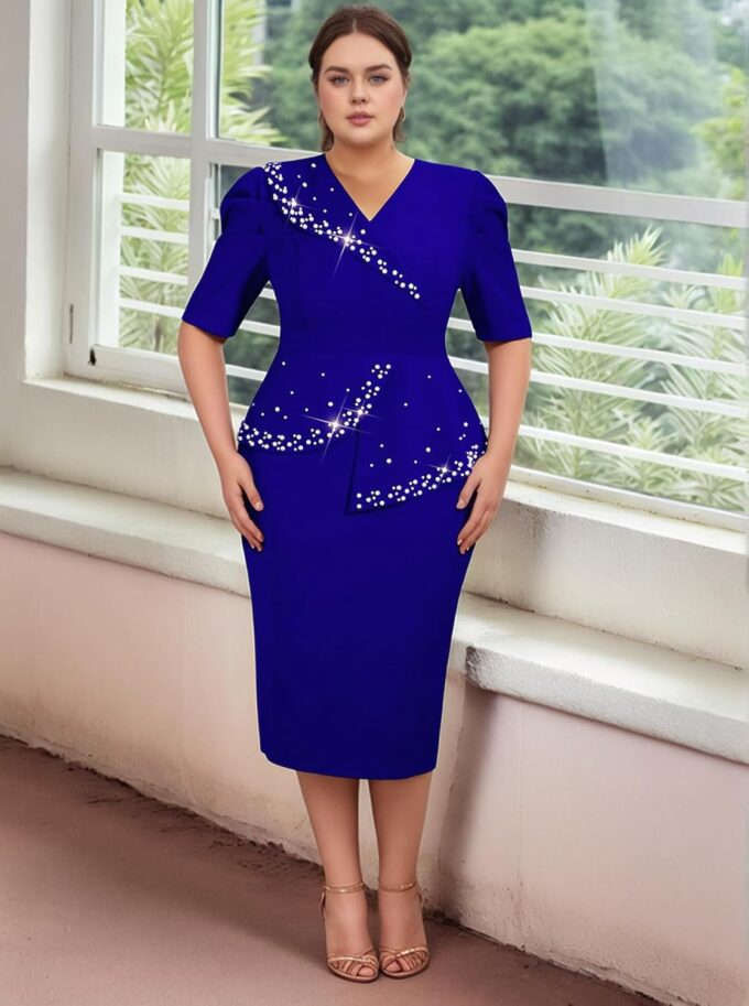 ONTINVA Women's Plus Size Pearl Beaded Wrap V-Neck Peplum Bodycon Vintage Cocktail Party Dress – Bild 2