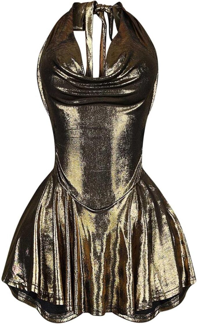 Unybwonn Women Metallic Dress Sleeveless Halter Neck Backless Ruched Mini Dresses Sexy Party Club Cocktail Short Dress – Bild 5