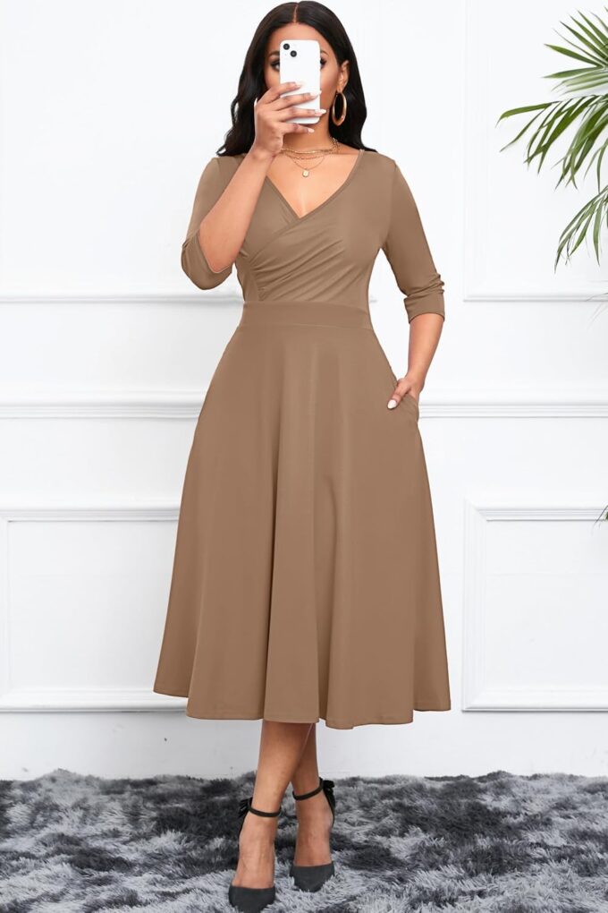 Nmoder Women's Casual Wrap Flared Midi Dress Wedding Guest Cocktail Tea Dresses A-Line Swing V-Neck 3/4 Sleeve – Bild 2