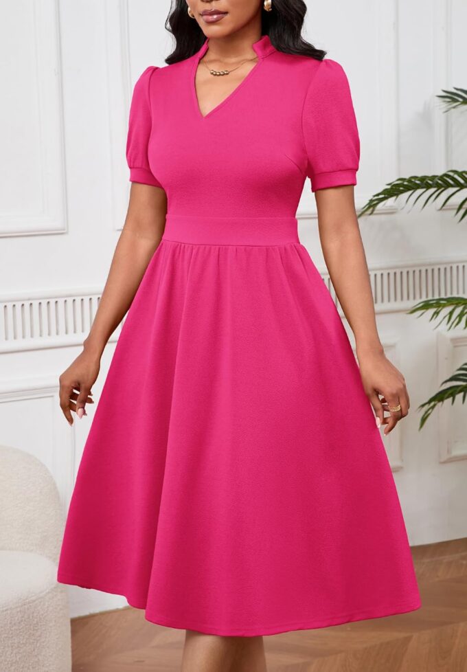 Women Dresses Short Sleeve Semi-Formal Knee Length V Neck Casual Ladies Dress – Bild 4