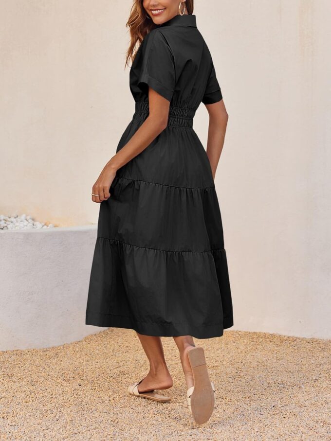 Wenrine Womens Summer Short Sleeve Maxi Dresses Casual V Neck Smocked Loose Tiered Flowy Shirt Dress with Pockets – Bild 5