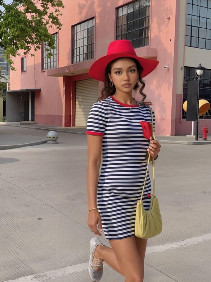Women's Crew Neck Short Sleeve Striped Bodycon T-Shirt Mini Dress with Pocket – Bild 6