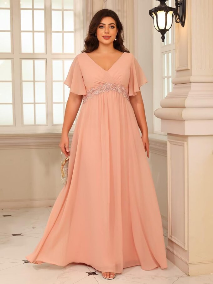 Miao Duo Plus Size Short Sleeves Mother of The Bride Dresses for Curvy Women V Neck Formal Dresses with Pockets YZTS224 – Bild 4
