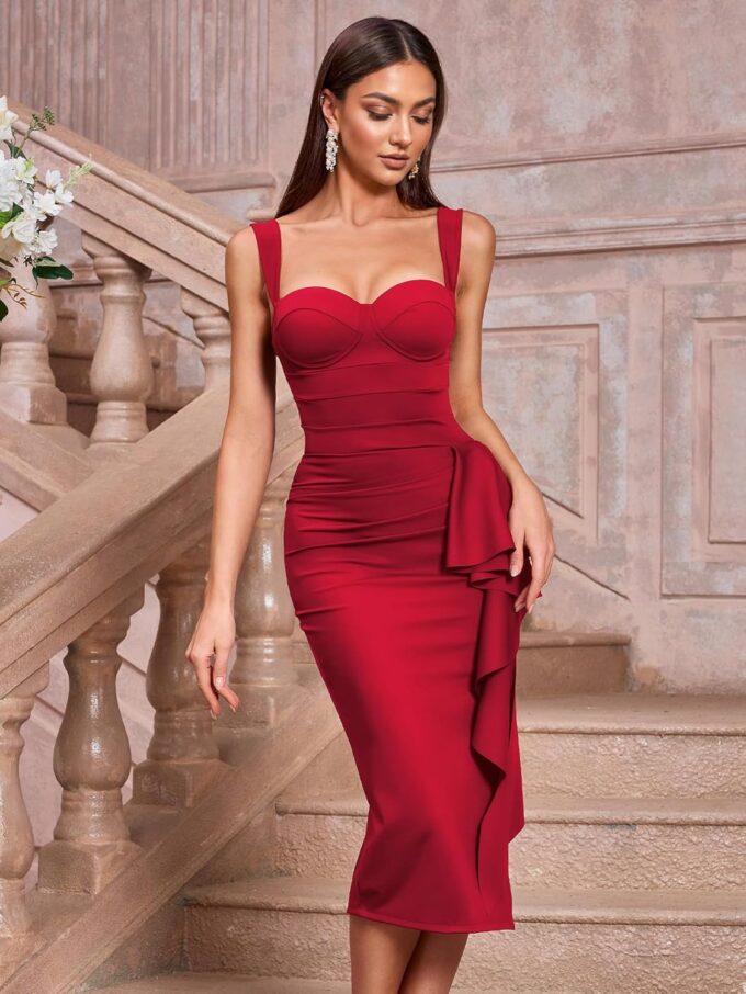 Women's Summer Bodycon Cocktail Vintage Formal Midi Dress with Built-in Bra, Sleeveless, Ruffle Split Hem – Bild 5