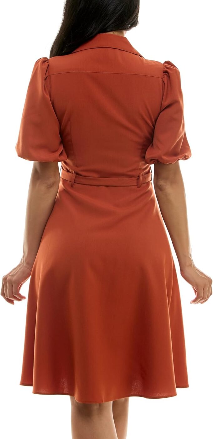 Sharagano Women's Sharkskin Button to Hem Shirtdress with a Blouson Sleeve, Pockets and Self Tie Belt – Bild 4