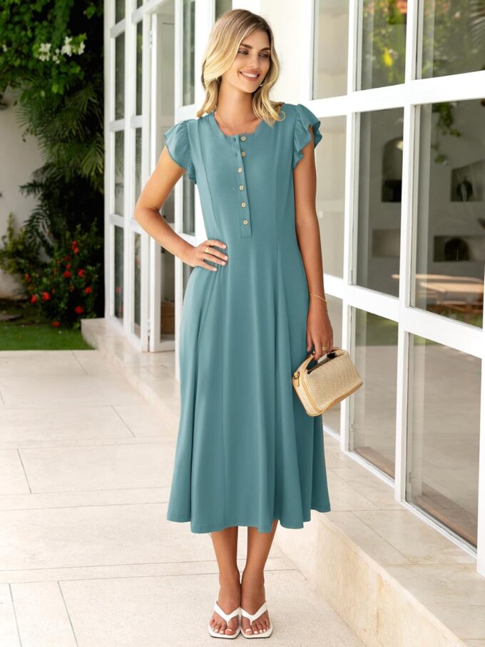 Simplee Womens Summer Casual Dress - Short Sleeve Button Crewneck A-Line Flowy Fit and Flare Beach Midi Dress – Bild 3