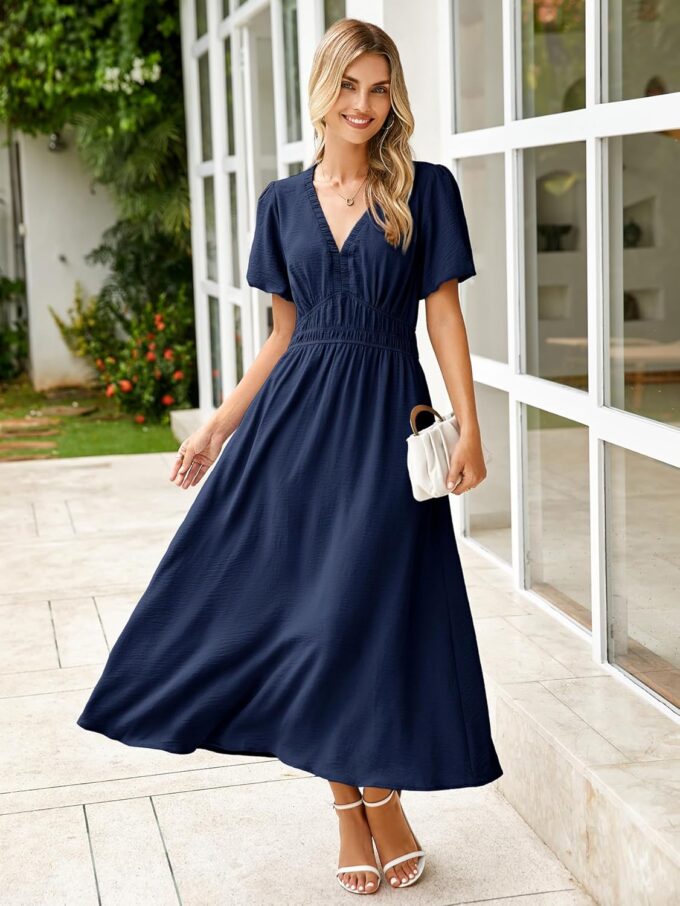 Simplee Women's Summer Flowy Midi Dress Casual V Neck Short Sleeve Empire Waist Boho Beach Dress Wedding Guest Maxi Dress – Bild 4