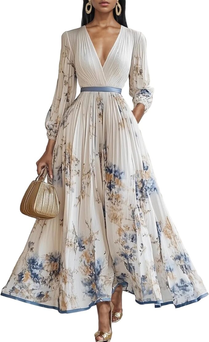 Women's Floral Printed Pleated Dress Sexy V Neck Long Sleeve Flowy A Line Party Maxi Dresses with Belt