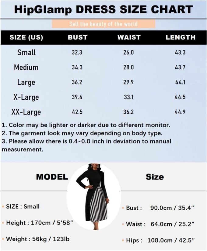 HipGlamp Damen Casual Rundhals Langarm Kleid 2024 Splice Gestreiftes Midikleid Bleistift Cocktailkleider – Bild 4