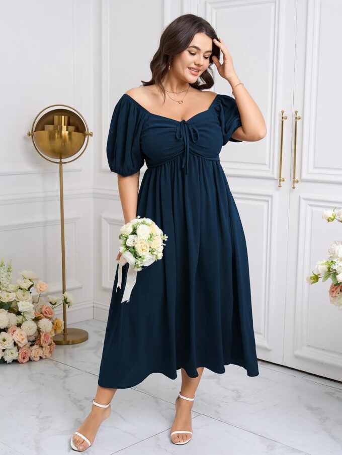 SCOMCHIC Plus Size Sweetheart Neckline Maxi Dress Formal Wedding Guest Short Puff Sleeve Cocktail Smocked A-Line Dresses – Bild 4