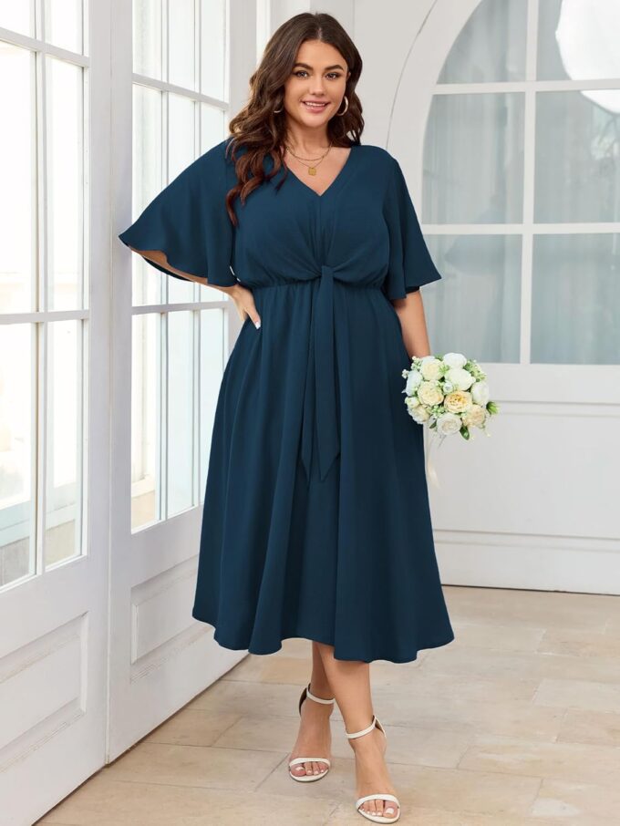 SCOMCHIC Women Plus Size Midi Dresses Wedding Guest Short Sleeve V Neck Tie Waist Casual Summer Flowy A Line Dress – Bild 2
