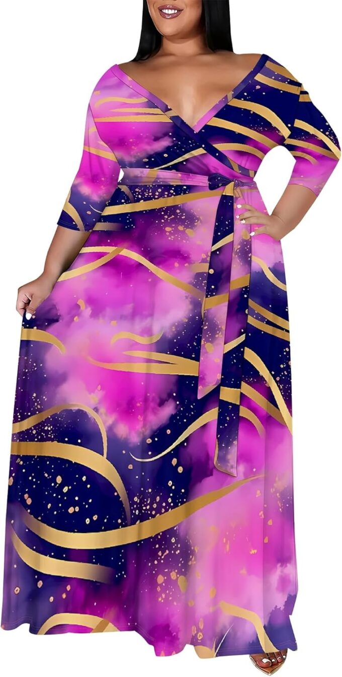Women's Plus Size Maxi Dresses Casual Loose Short Sleeve Long Maxi Dress with Belt Wedding