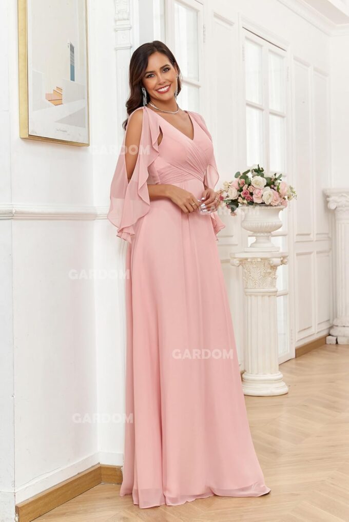 GARDOM Ruffle Sleeve Chiffon Bridesmaid Dresses for Women Cold Shoulder Formal Dress for Wedding 2025 V Neck Evening Gowns – Bild 4